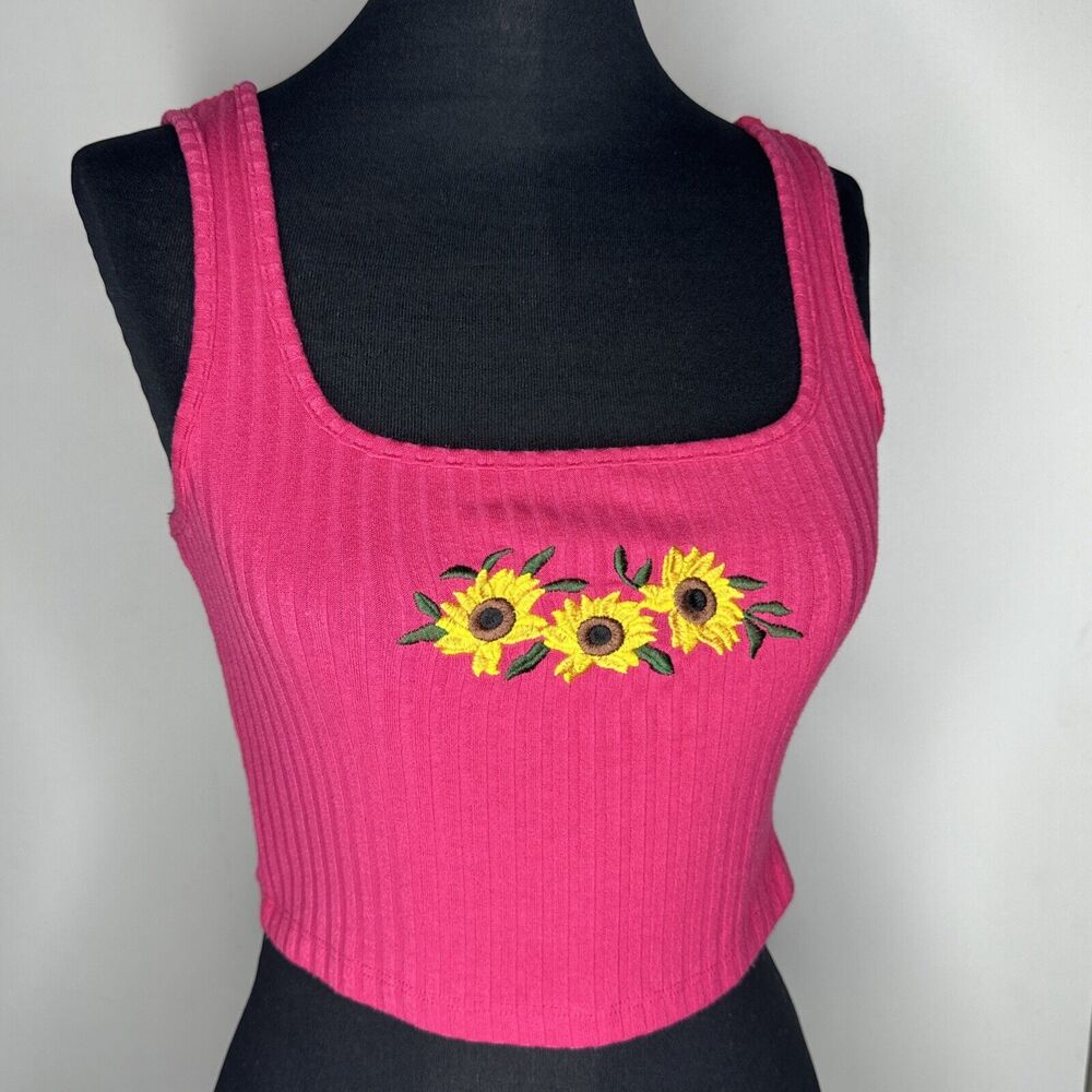 Vintage Y2K Crop Top Tank Hot Pink Ribbed Embroidered Sunflowers Womens XS VTG